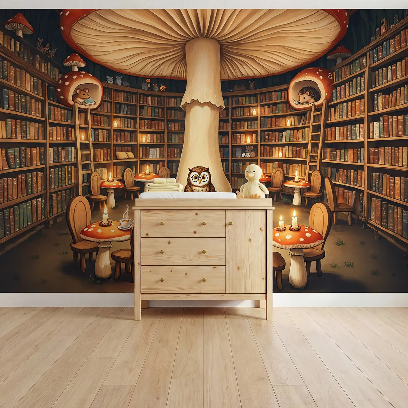 Soft pastel owl librarian in mushroom bookshop wallpaper mural for nursery by Whimsy Tots
