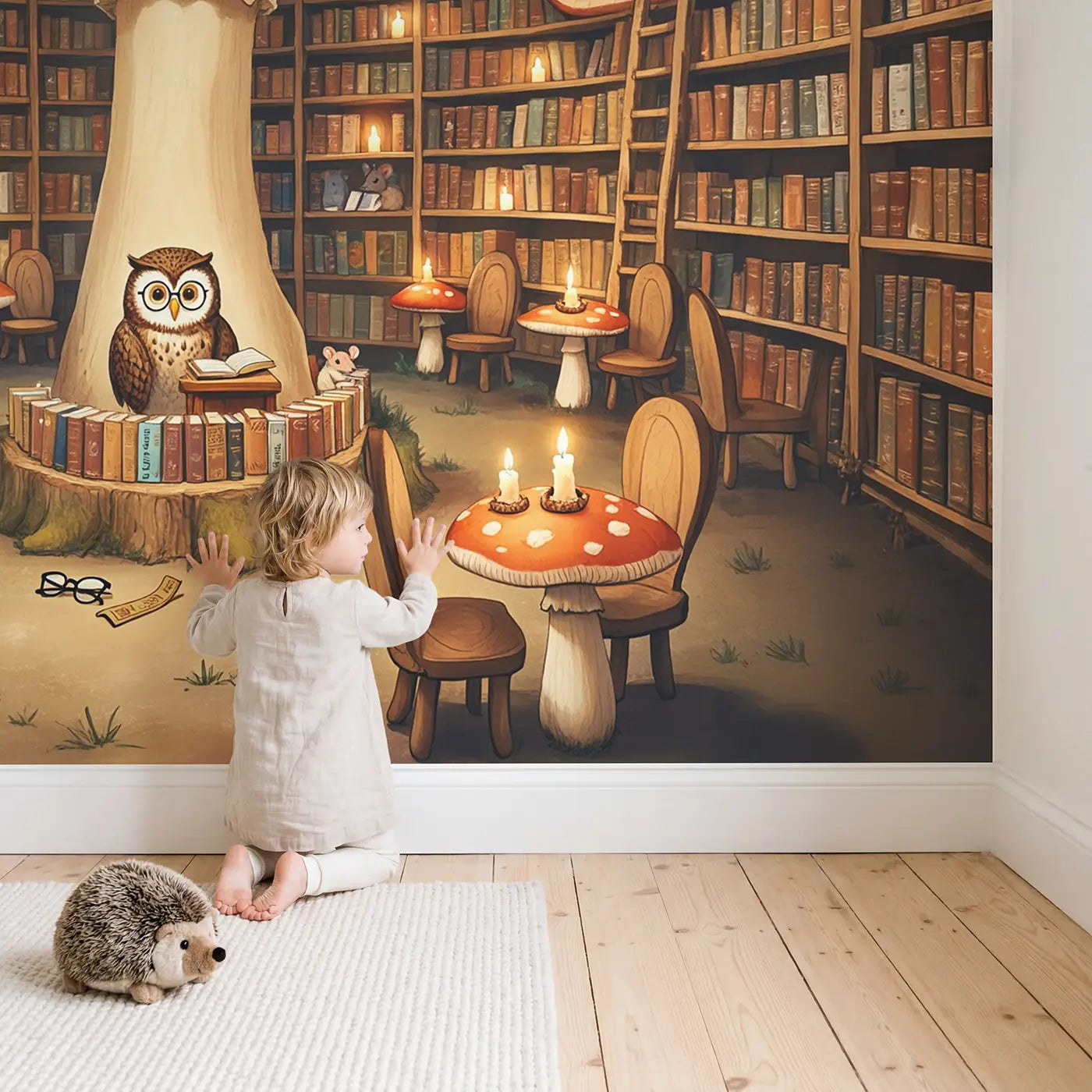 Child in nursery with Owl Librarian Mushroom Bookshop Wallpaper Mural by Whimsy Tots