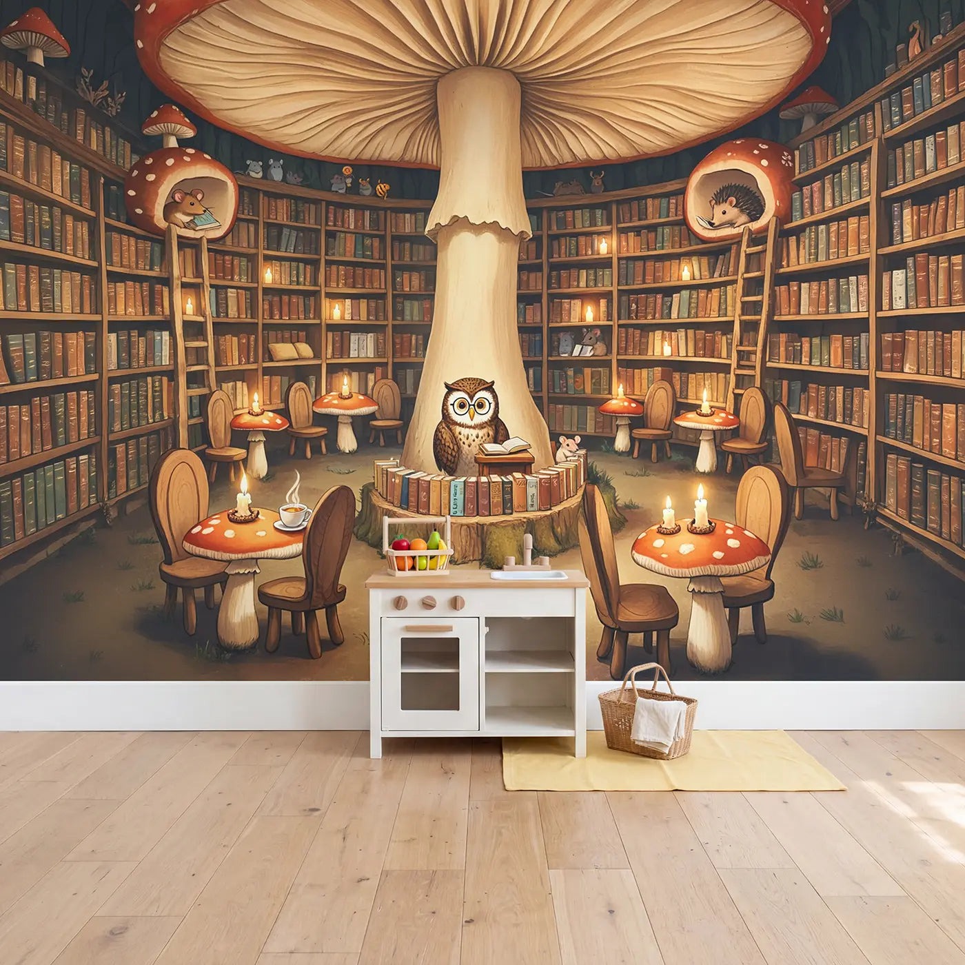 Owl Librarian Mushroom Bookshop Wallpaper Mural in playroom setting by Whimsy Tots