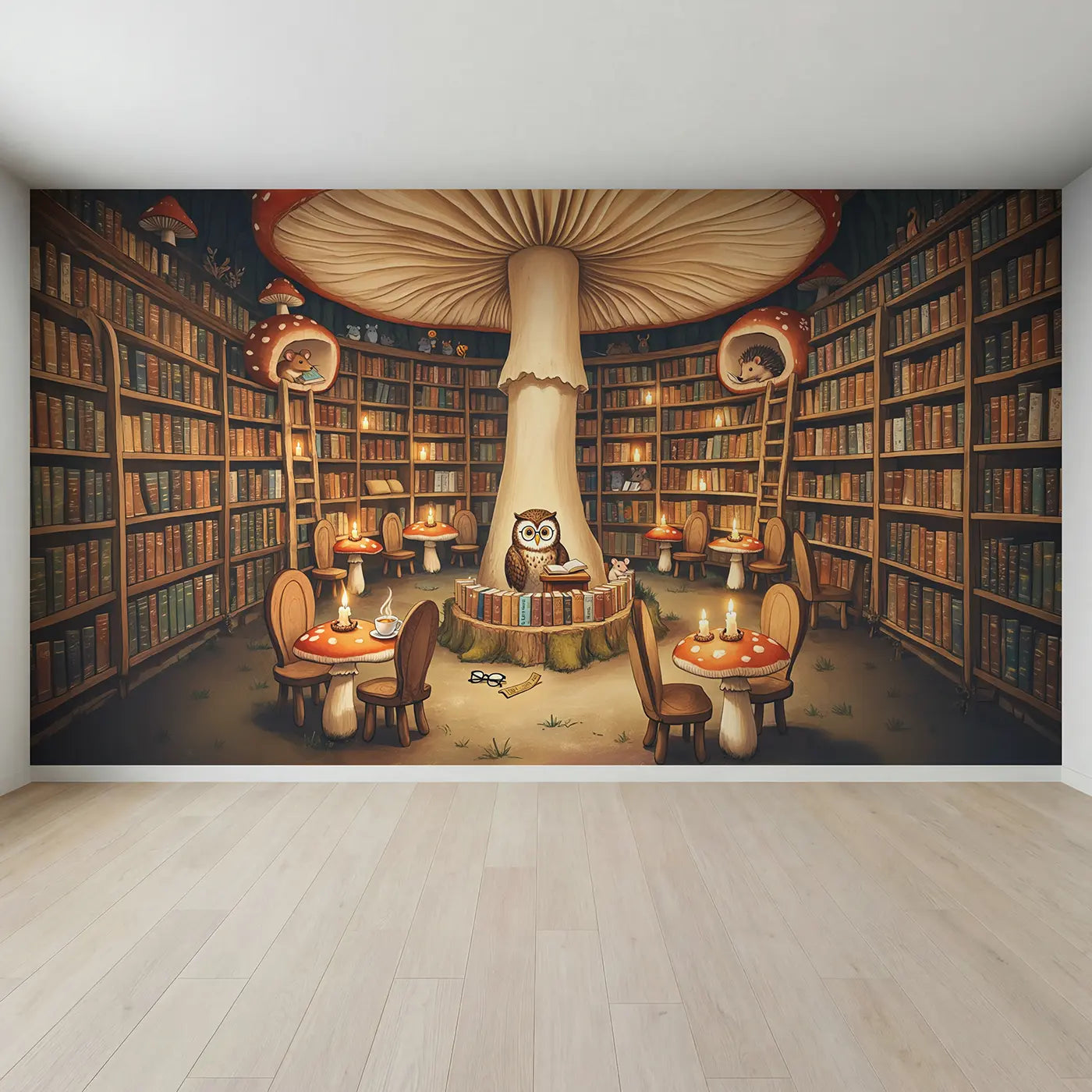Full view of Owl Librarian Mushroom Bookshop Wallpaper Mural by Whimsy Tots