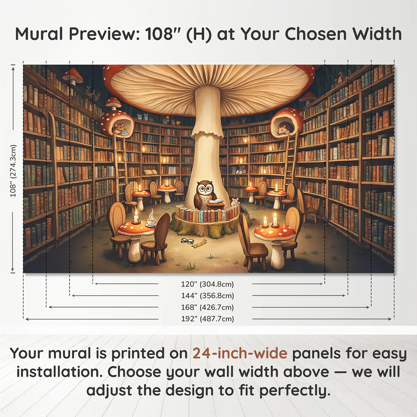 Panel layout and dimensions for Owl Librarian Mushroom Bookshop Wallpaper Mural by Whimsy Tots