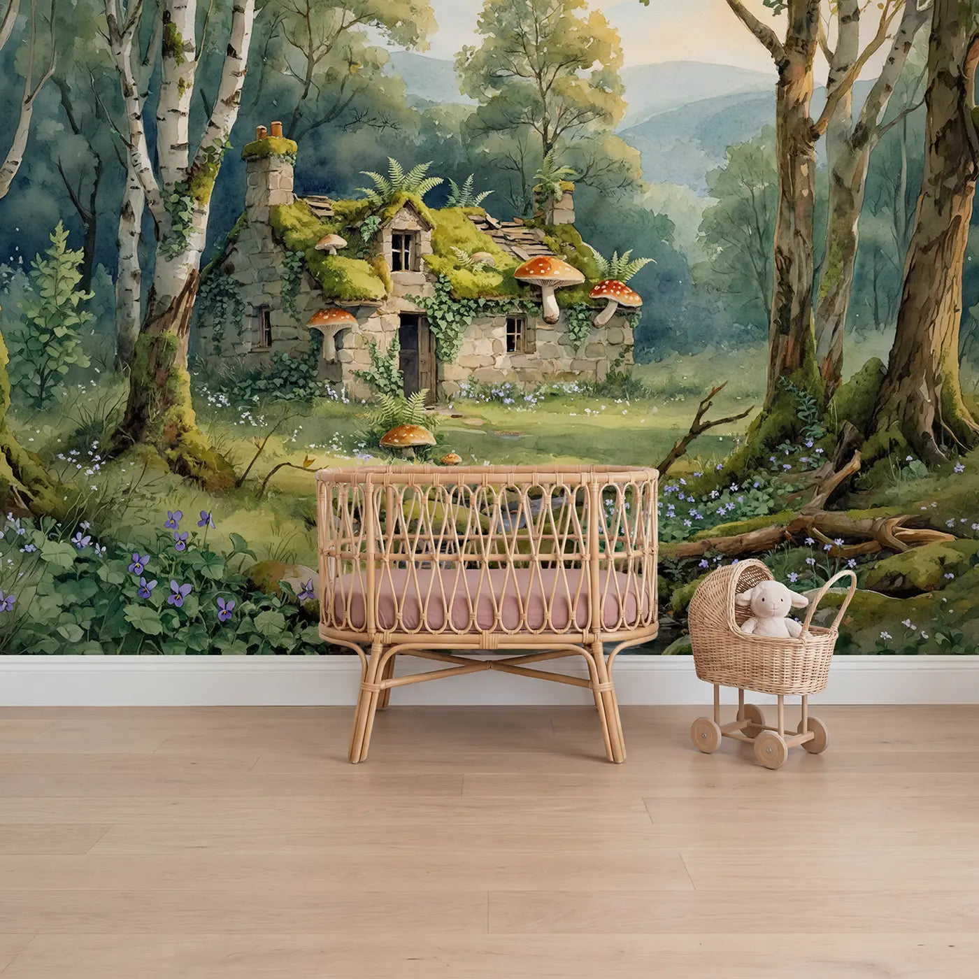 Watercolor mushroom cottage forest stream wallpaper mural for girls nursery by Whimsy Tots