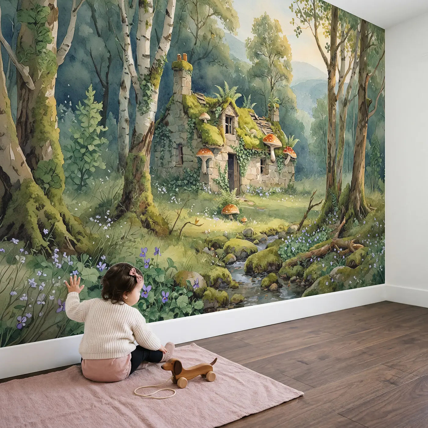 Child in nursery with Mushroom Cottage Forest Wallpaper Mural by Whimsy Tots