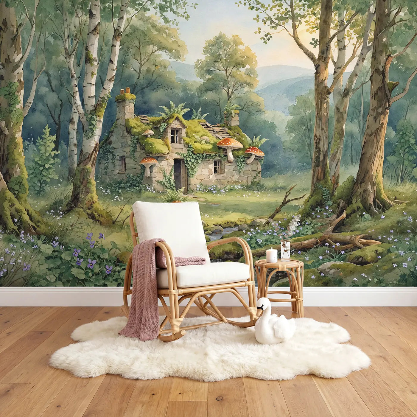 Mushroom Cottage Forest Wallpaper Mural in playroom setting by Whimsy Tots