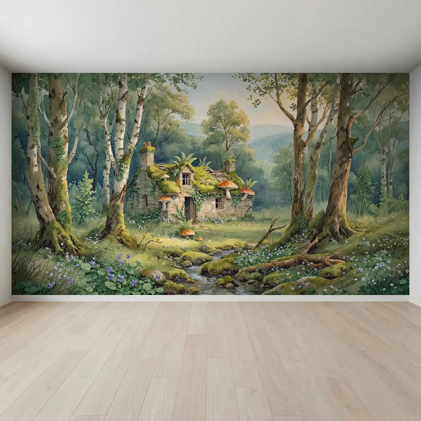 Full view of Mushroom Cottage Forest Wallpaper Mural by Whimsy Tots