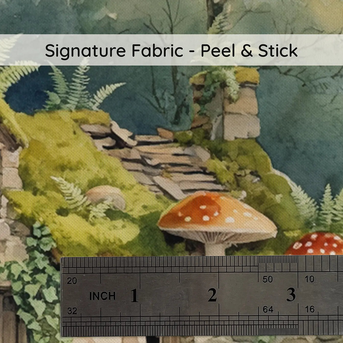 Fabric texture close-up of Mushroom Cottage Forest Wallpaper Mural by Whimsy Tots