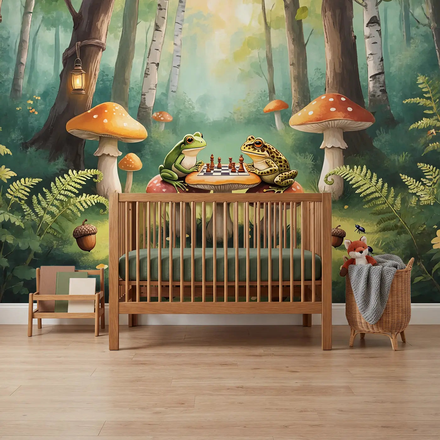 Soft pastel frog mushroom chess match wallpaper mural for boys nursery by Whimsy Tots