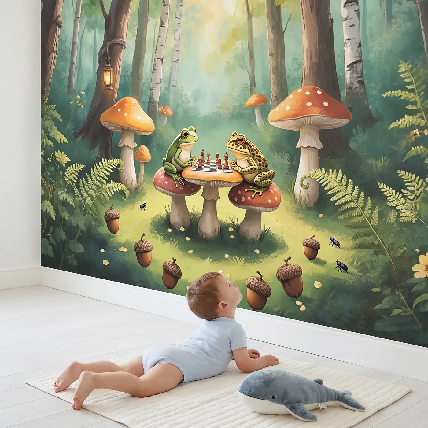 Child in nursery with Mushroom Chess Match Wallpaper Mural by Whimsy Tots