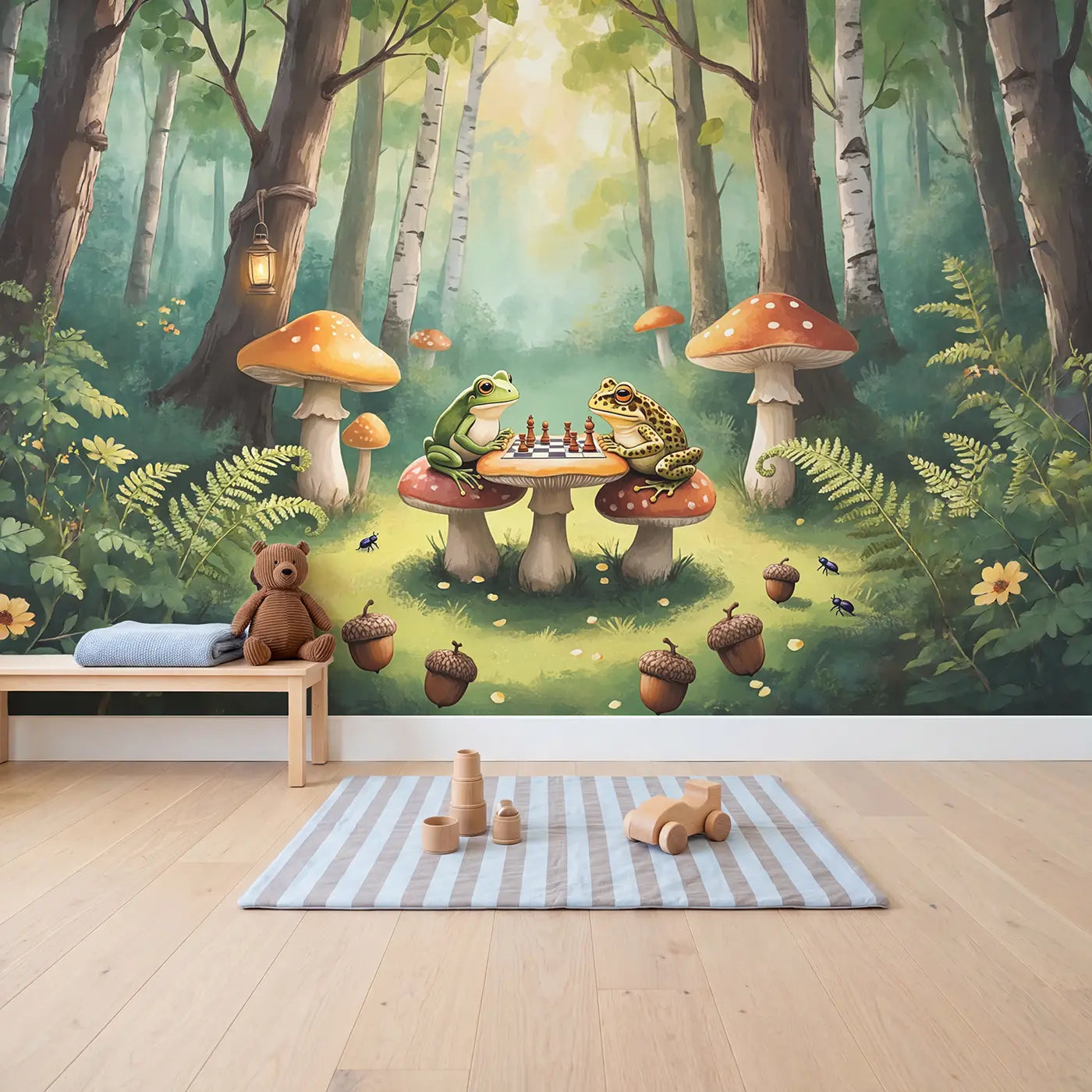 Mushroom Chess Match Wallpaper Mural in playroom setting by Whimsy Tots