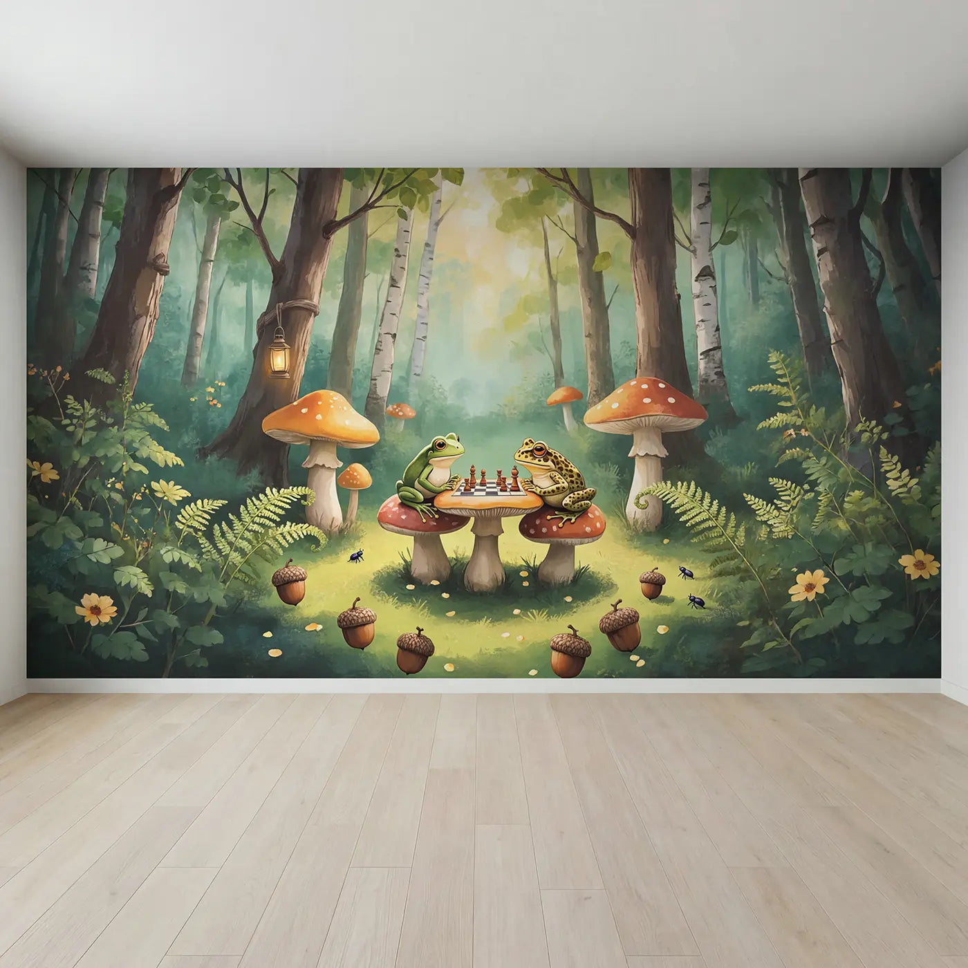 Full view of Mushroom Chess Match Wallpaper Mural by Whimsy Tots