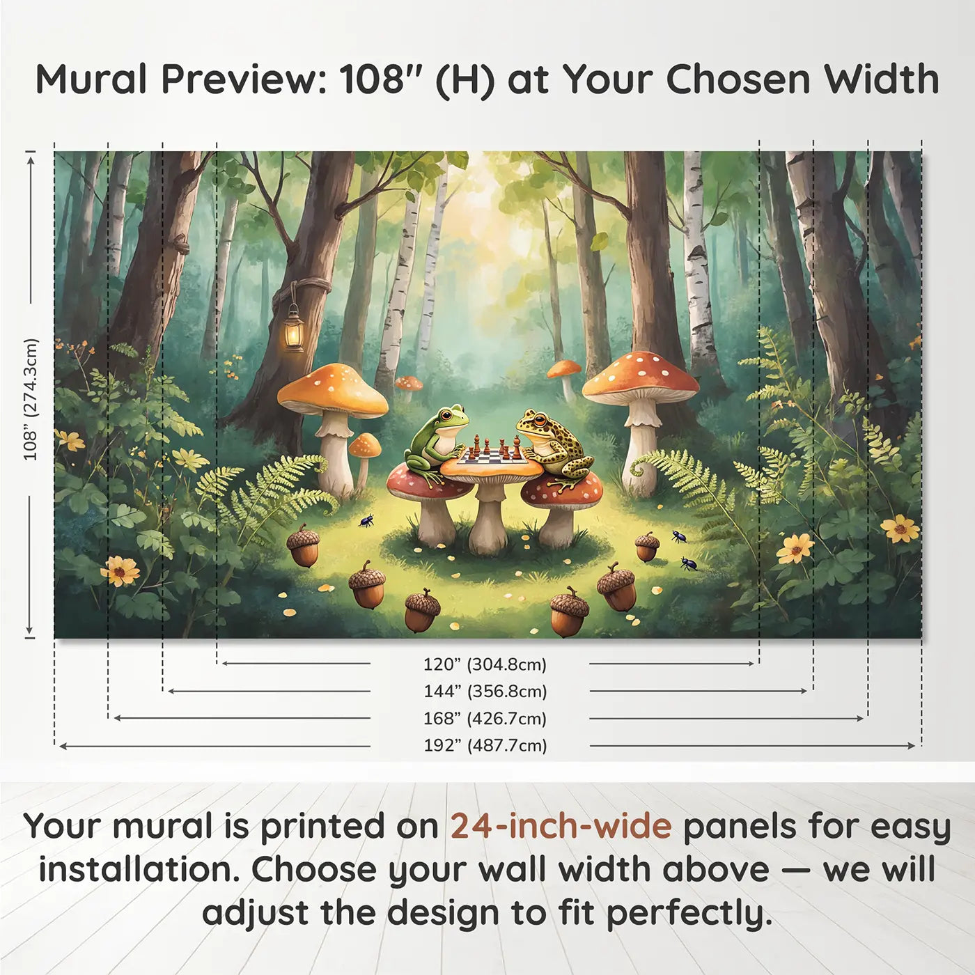 Panel layout and dimensions for Mushroom Chess Match Wallpaper Mural by Whimsy Tots