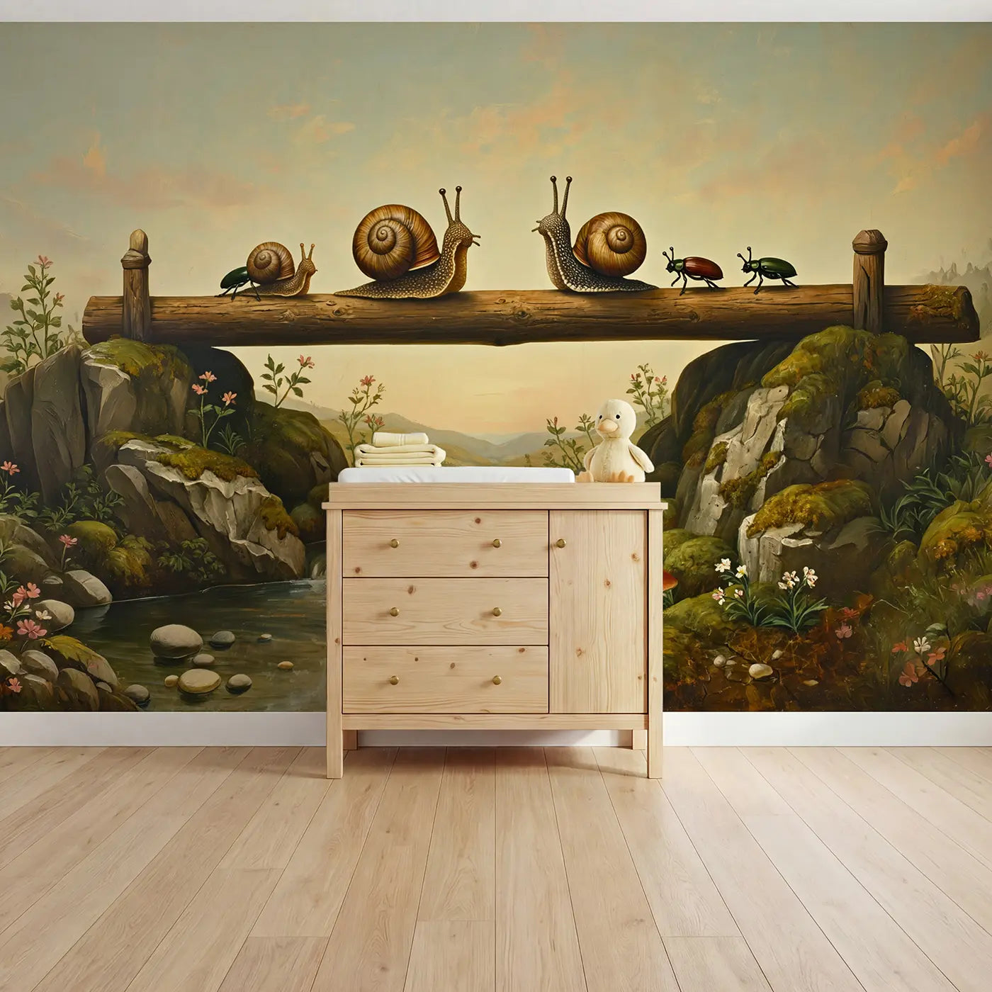 painted snails beetles mushroom forest wallpaper mural for nursery by Whimsy Tots