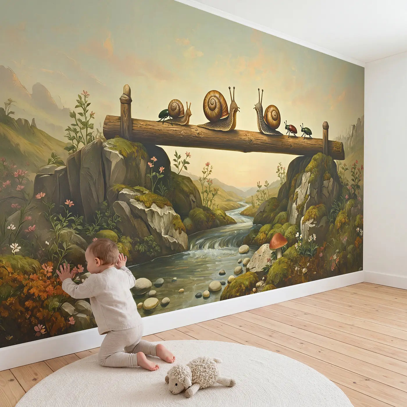 Child in nursery with Snails Beetles Mushroom Highway Wallpaper Mural by Whimsy Tots