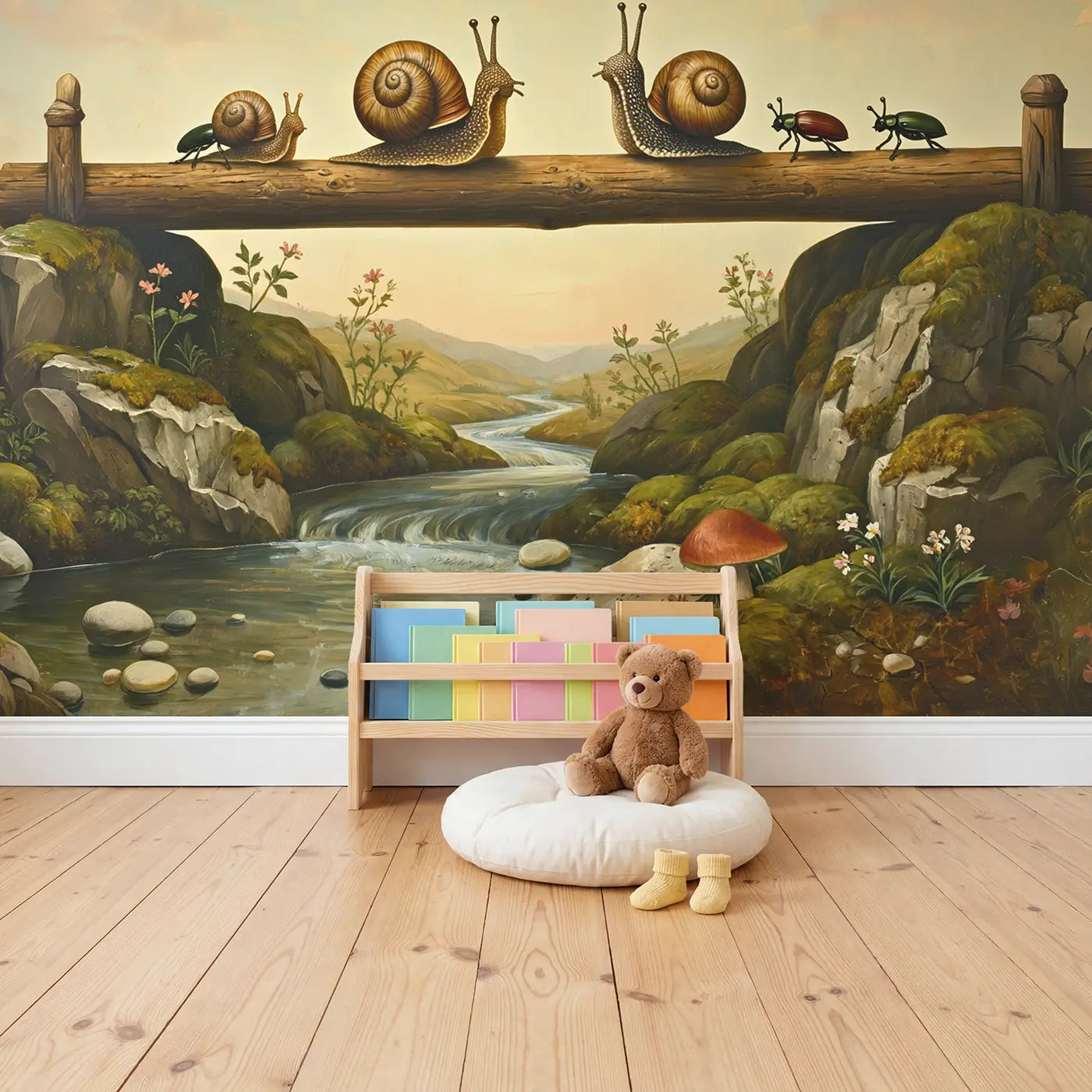 Snails Beetles Mushroom Highway Wallpaper Mural in playroom setting by Whimsy Tots