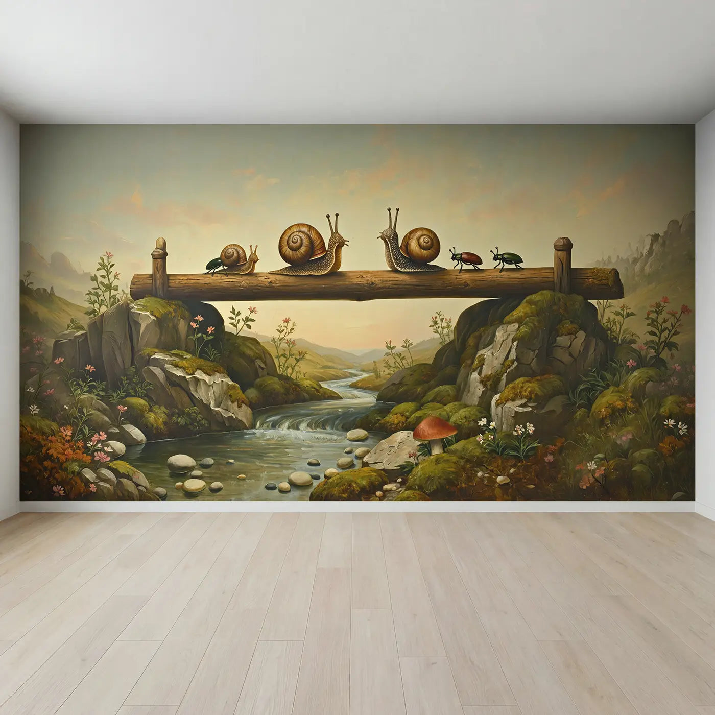 Full view of Snails Beetles Mushroom Highway Wallpaper Mural by Whimsy Tots
