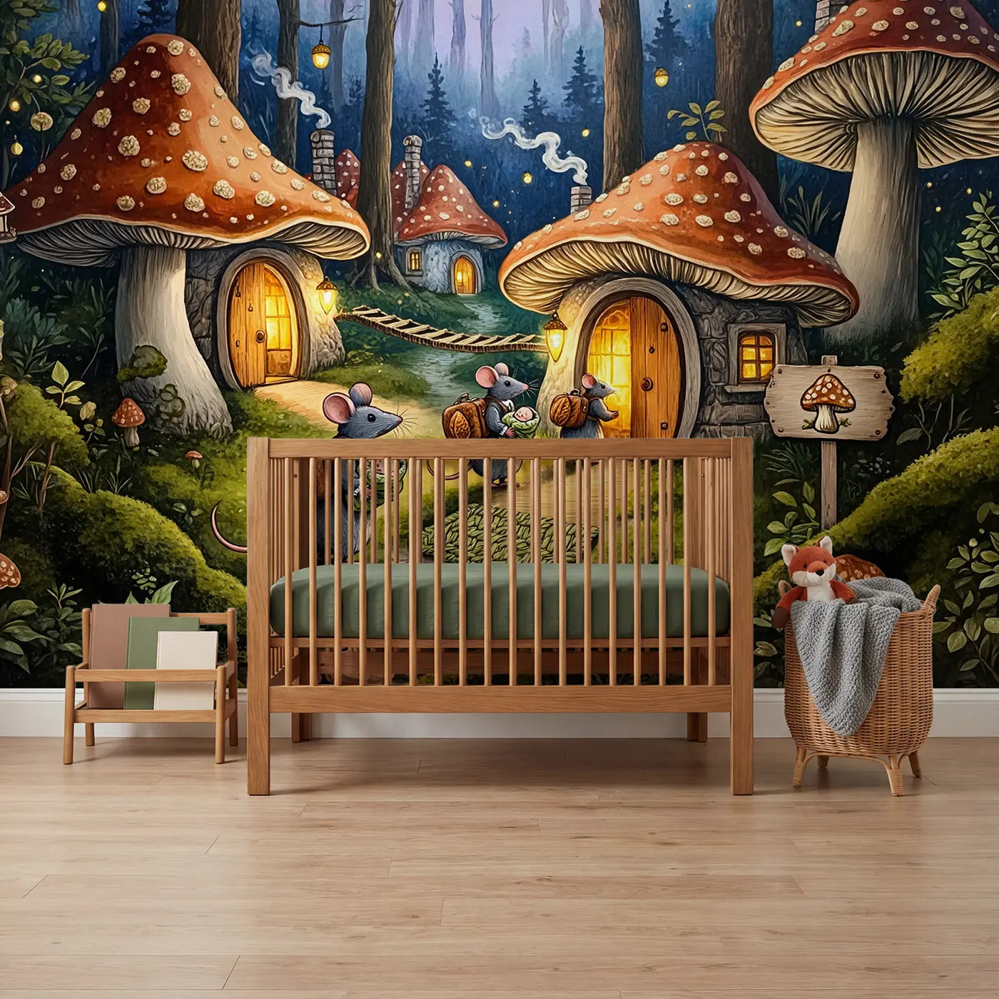 Block print mouse family mushroom inn wallpaper mural for boys room by Whimsy Tots