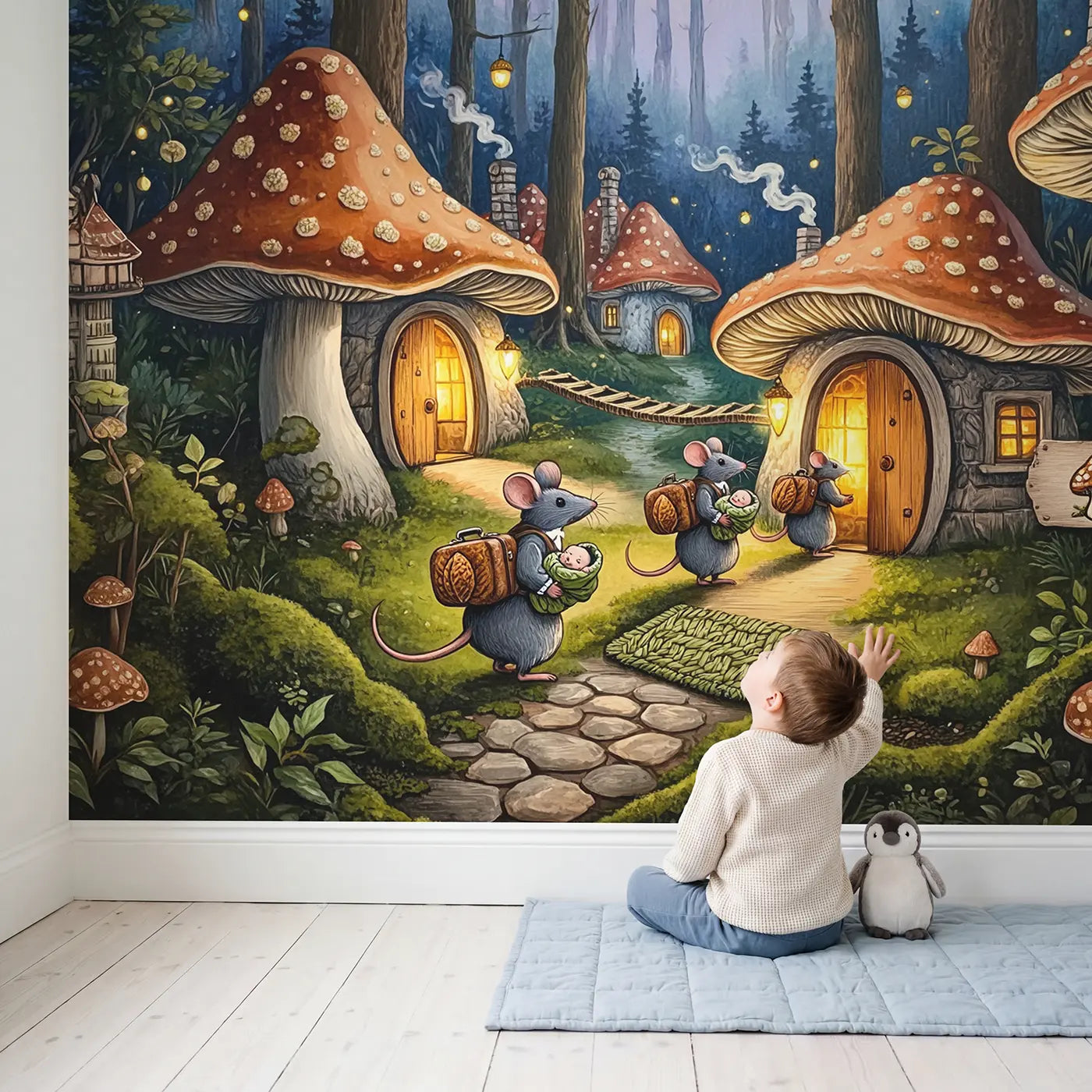 Child in nursery with Mouse Family Mushroom Inn Wallpaper Mural by Whimsy Tots