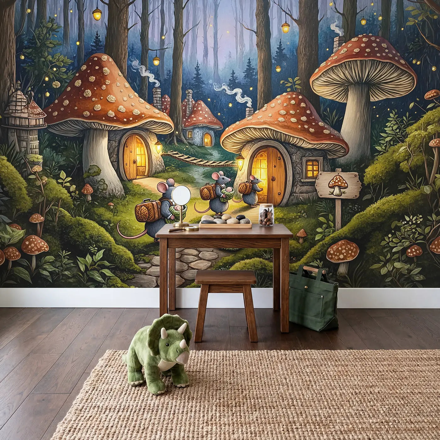 Mouse Family Mushroom Inn Wallpaper Mural in playroom setting by Whimsy Tots