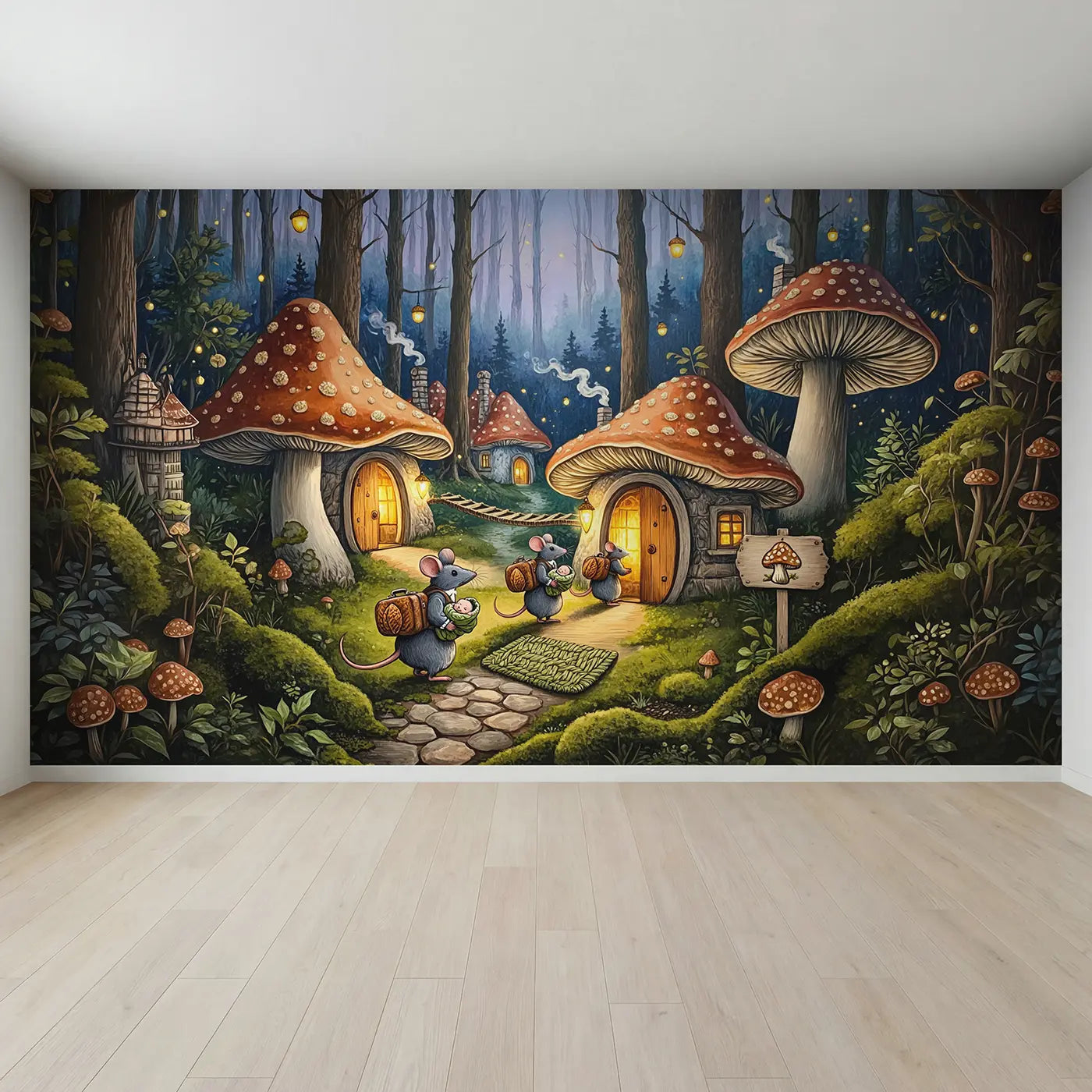Full view of Mouse Family Mushroom Inn Wallpaper Mural by Whimsy Tots