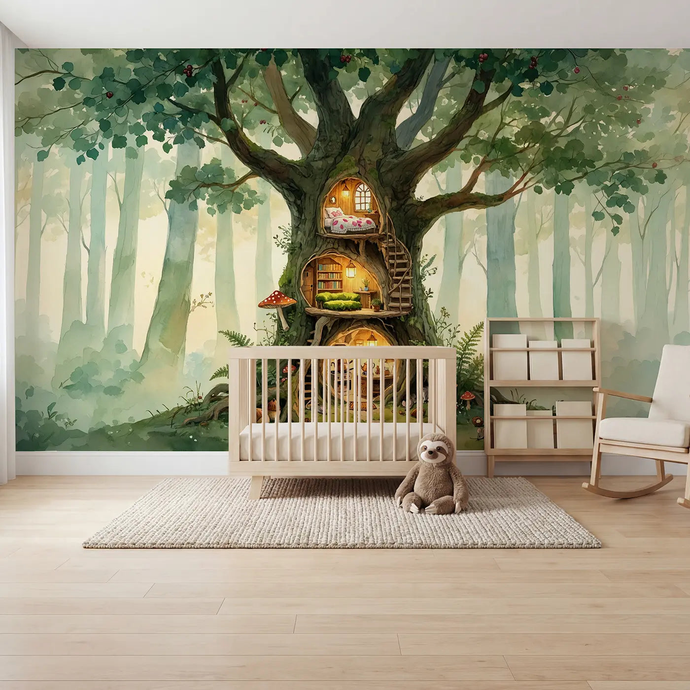 Watercolor toadstool and mouse forest wallpaper mural for kids room by Whimsy Tots