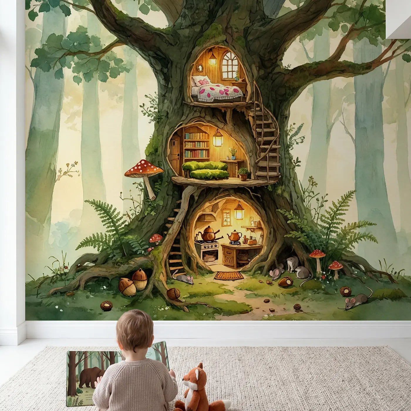 Child in nursery with Fairy Tree House Cutaway Wallpaper Mural by Whimsy Tots