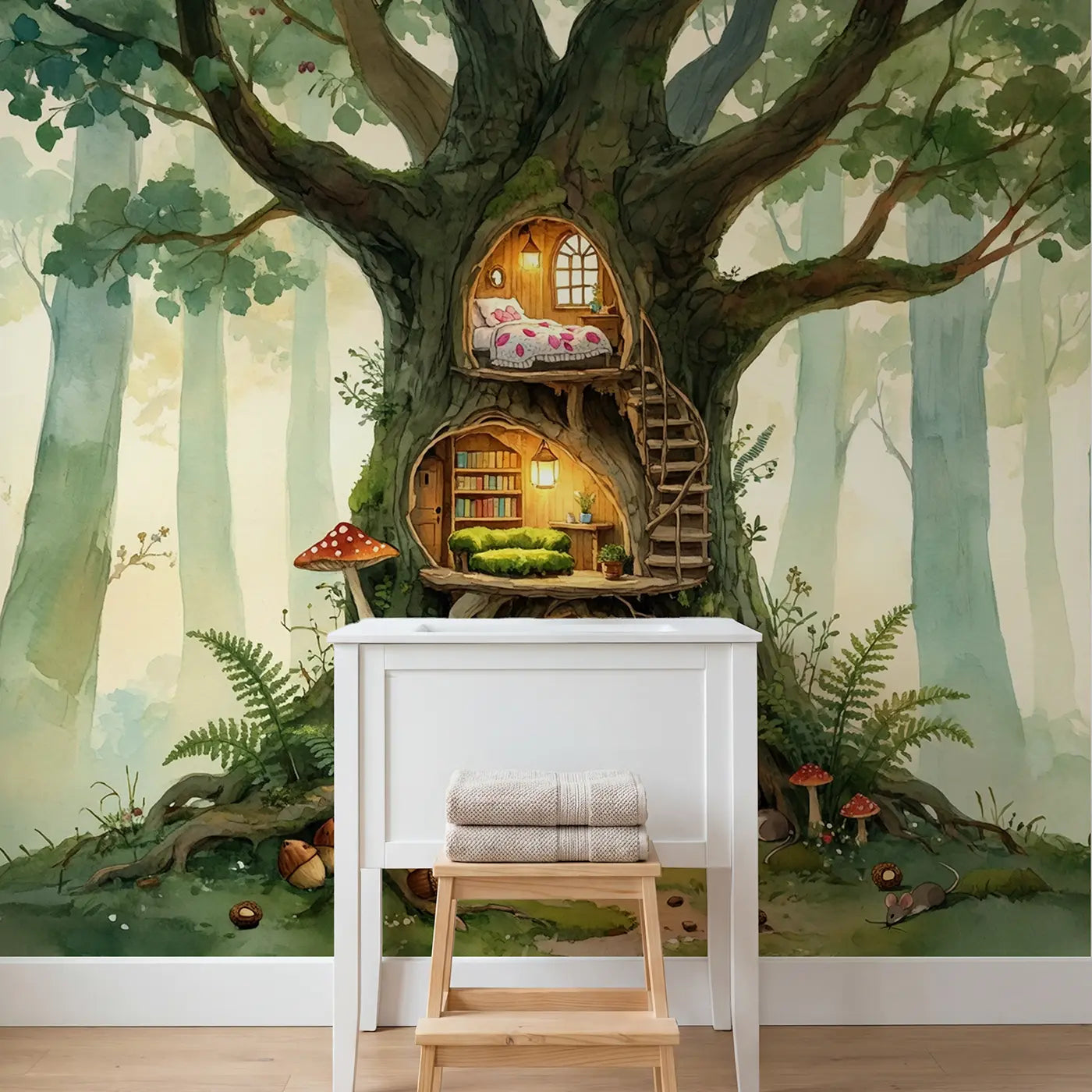 Fairy Tree House Cutaway Wallpaper Mural in playroom setting by Whimsy Tots