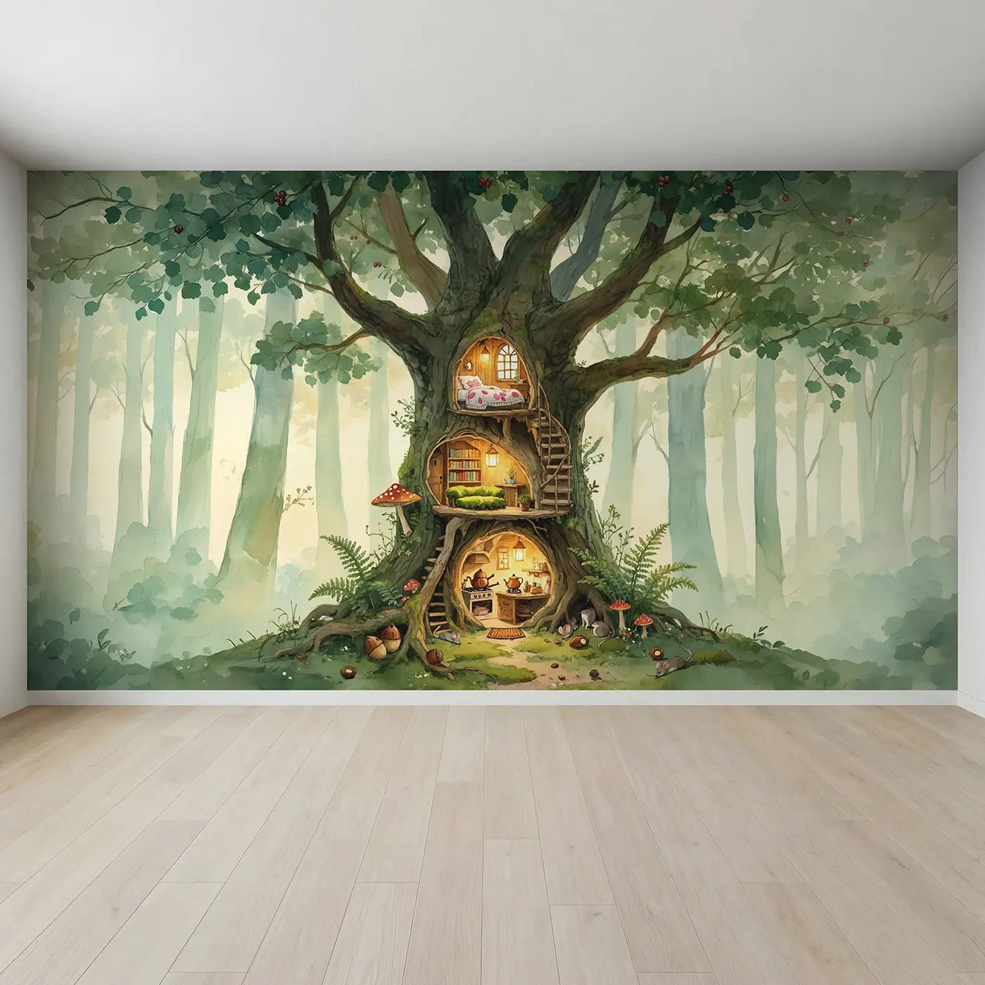 Full view of Fairy Tree House Cutaway Wallpaper Mural by Whimsy Tots