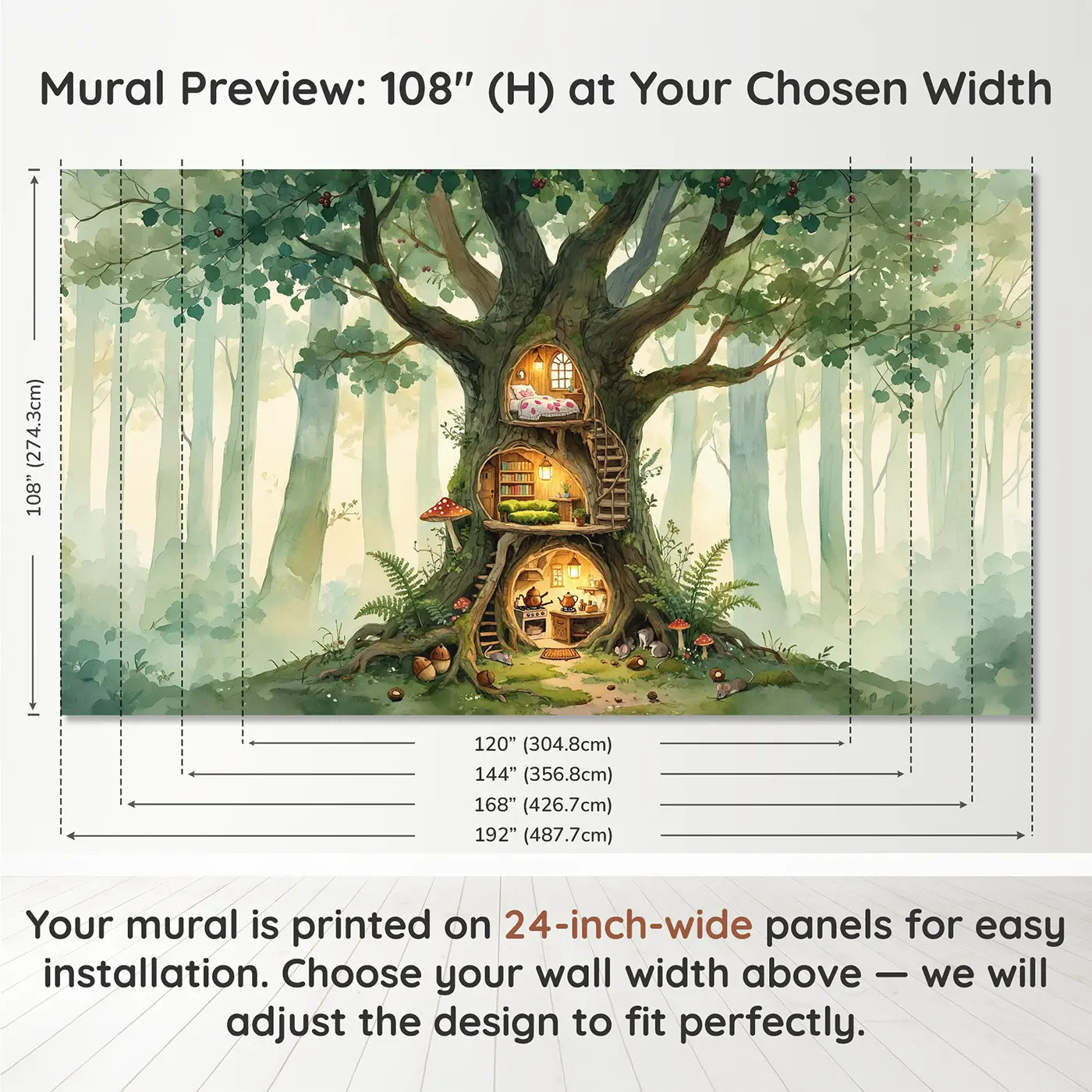 Panel layout and dimensions for Fairy Tree House Cutaway Wallpaper Mural by Whimsy Tots