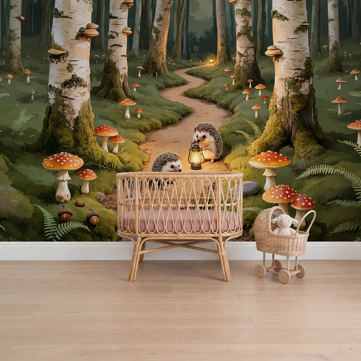 Soft pastel hedgehog lantern trail wallpaper mural for girls room by Whimsy Tots