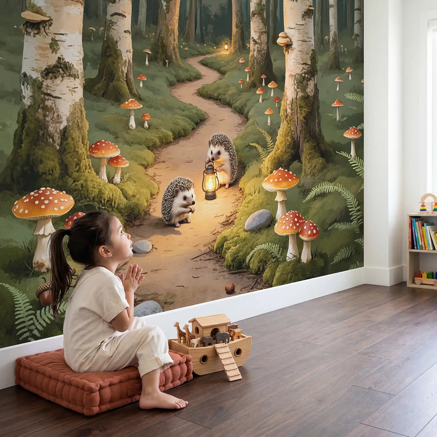 Child in nursery with Hedgehog Lantern Trail Wallpaper Mural by Whimsy Tots