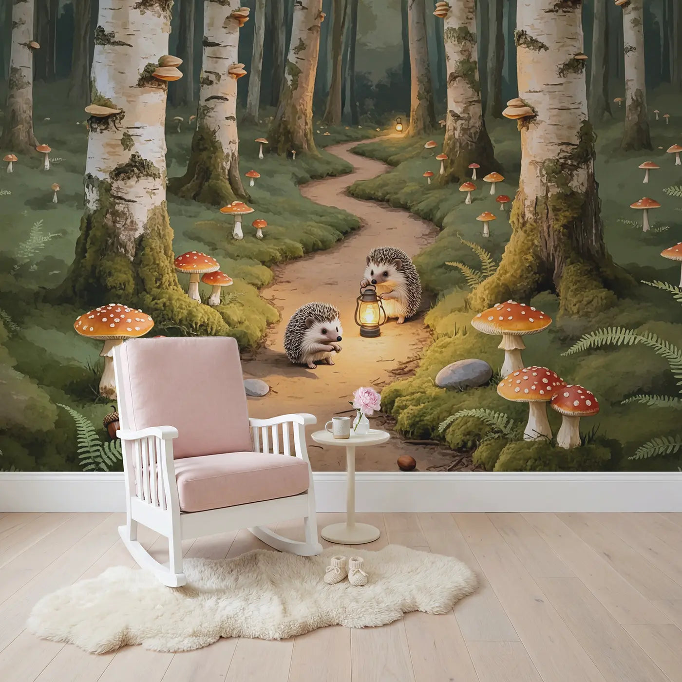 Hedgehog Lantern Trail Wallpaper Mural in playroom setting by Whimsy Tots