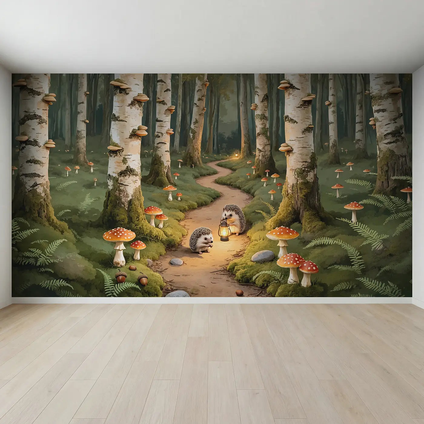 Full view of Hedgehog Lantern Trail Wallpaper Mural by Whimsy Tots