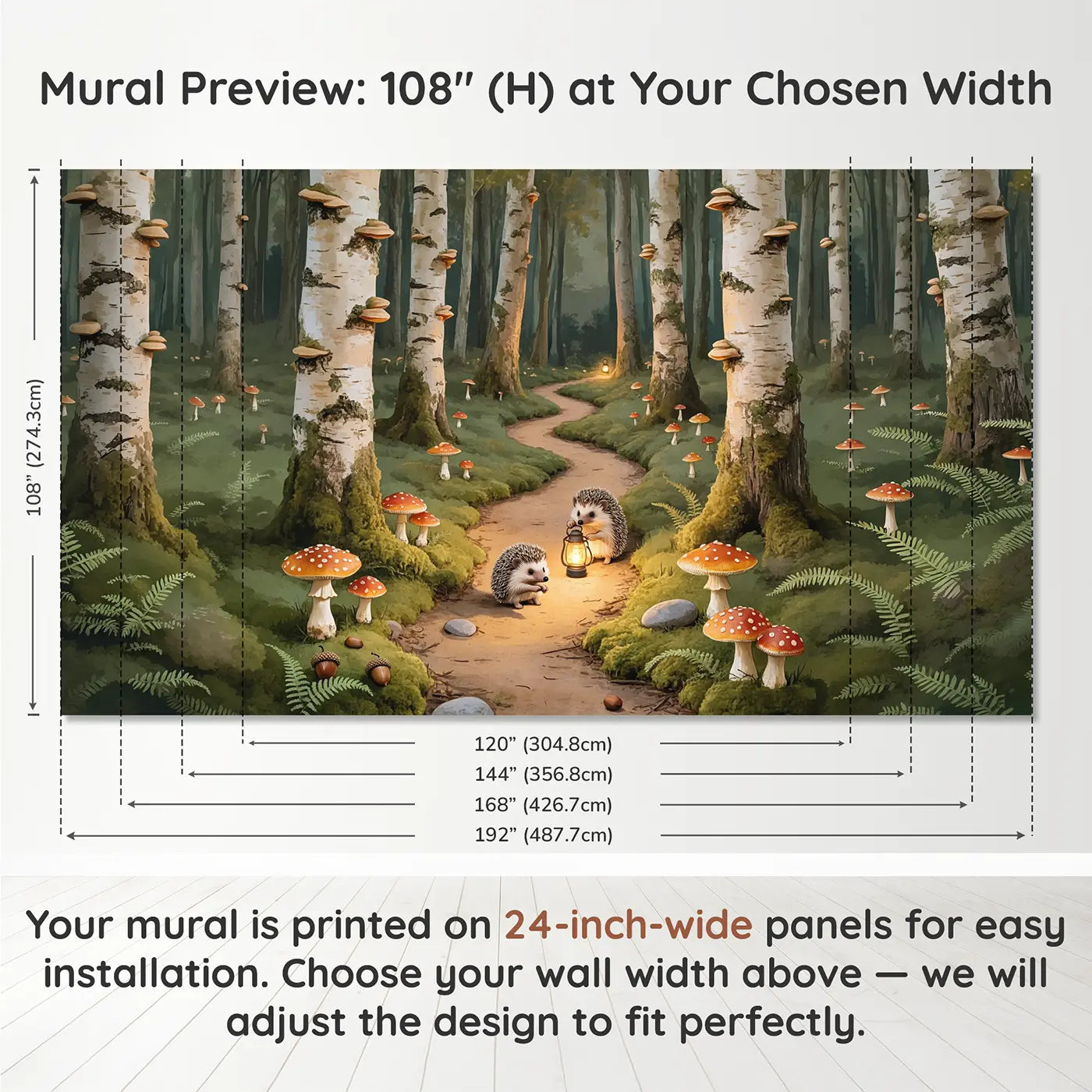 Panel layout and dimensions for Hedgehog Lantern Trail Wallpaper Mural by Whimsy Tots