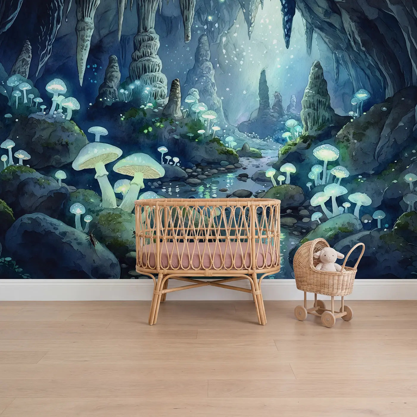 Watercolor glowing mushroom cavern crystal wallpaper mural for girls room by Whimsy Tots