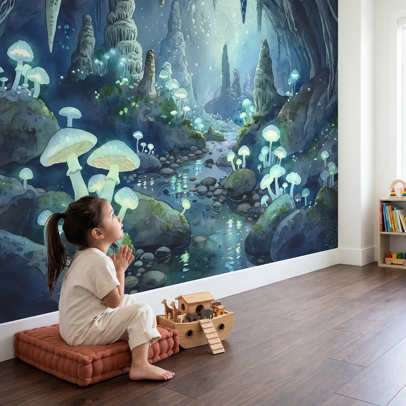 Child in nursery with Glowing Mushroom Cavern Wallpaper Mural by Whimsy Tots