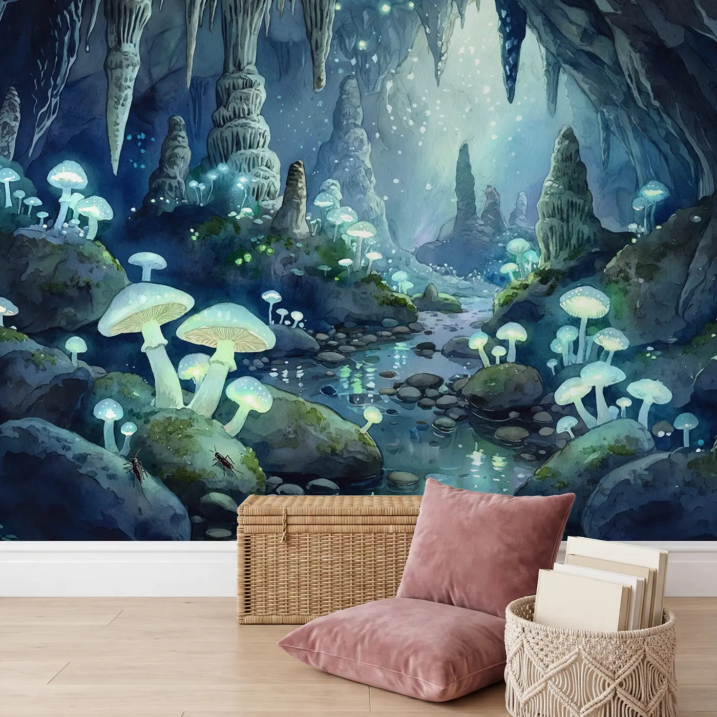 Glowing Mushroom Cavern Wallpaper Mural in playroom setting by Whimsy Tots