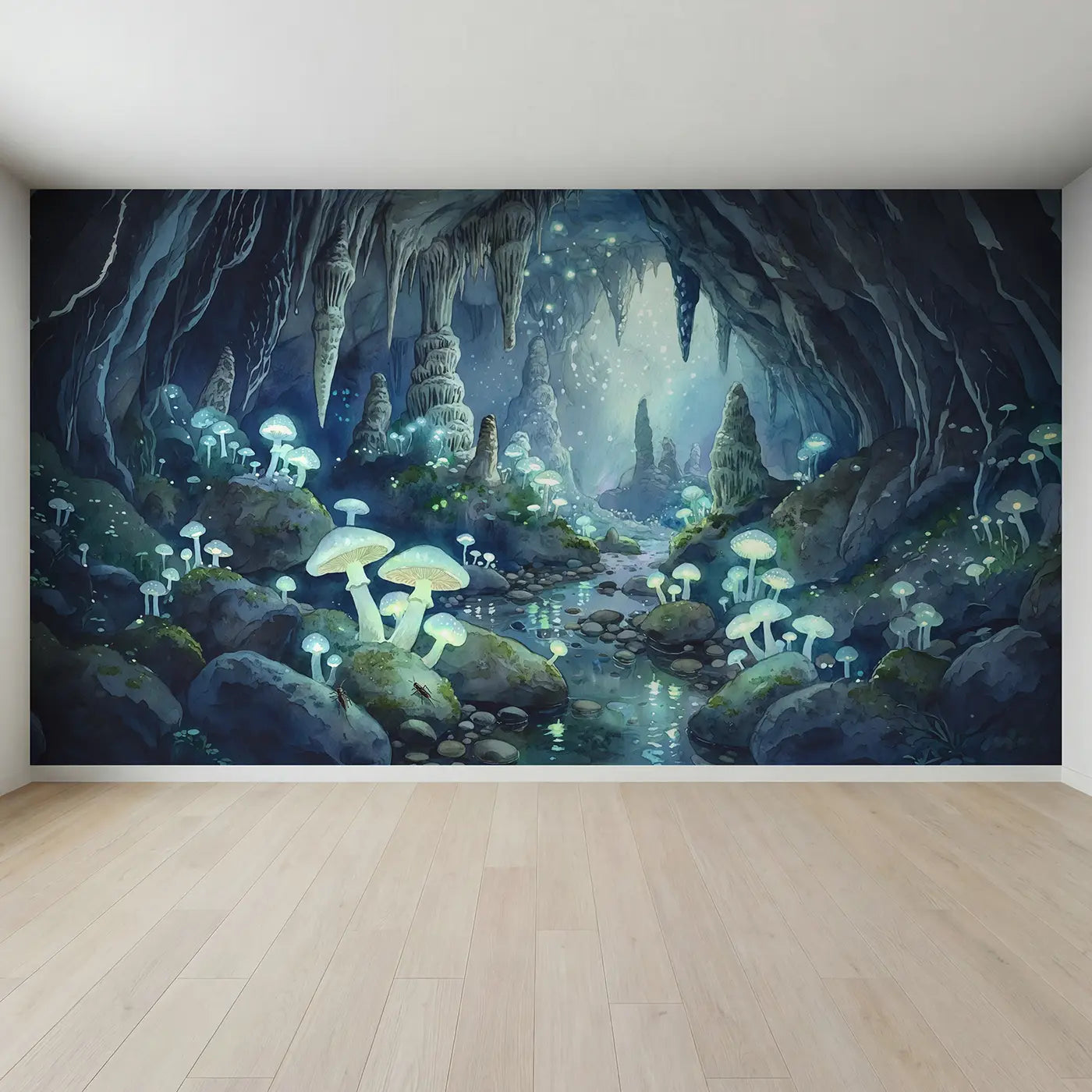Full view of Glowing Mushroom Cavern Wallpaper Mural by Whimsy Tots
