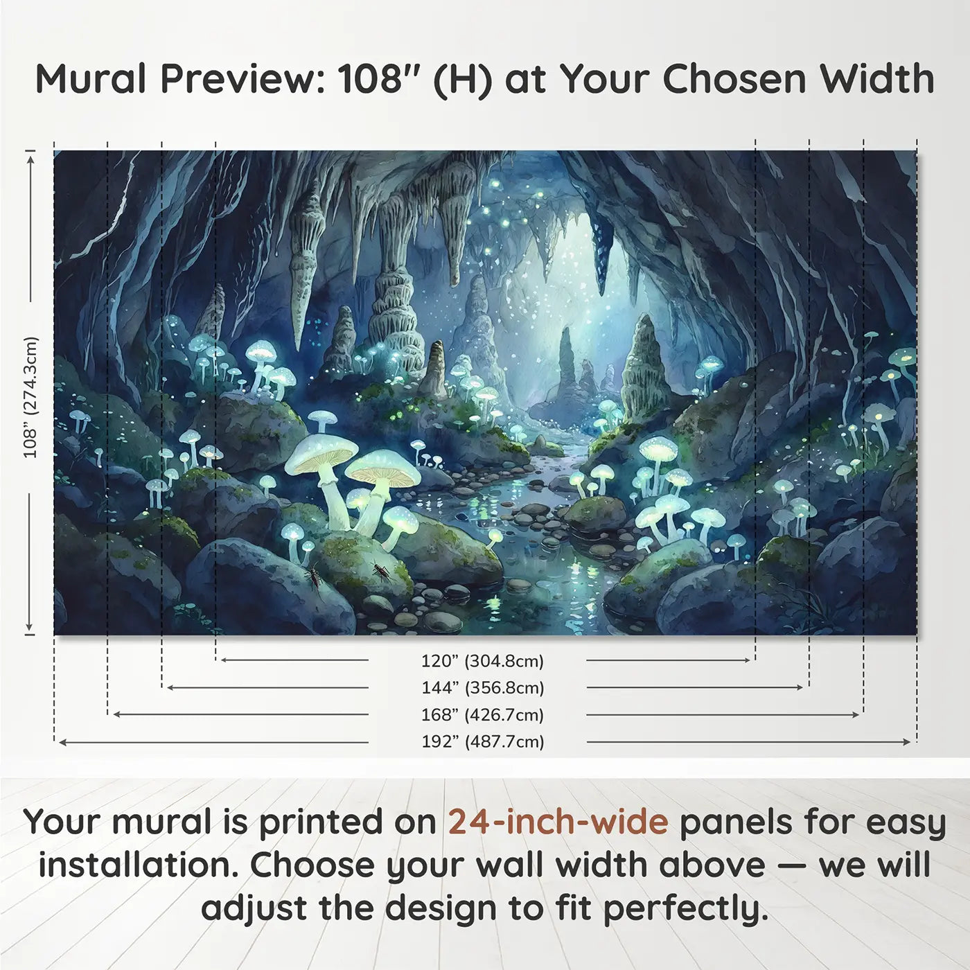 Panel layout and dimensions for Glowing Mushroom Cavern Wallpaper Mural by Whimsy Tots