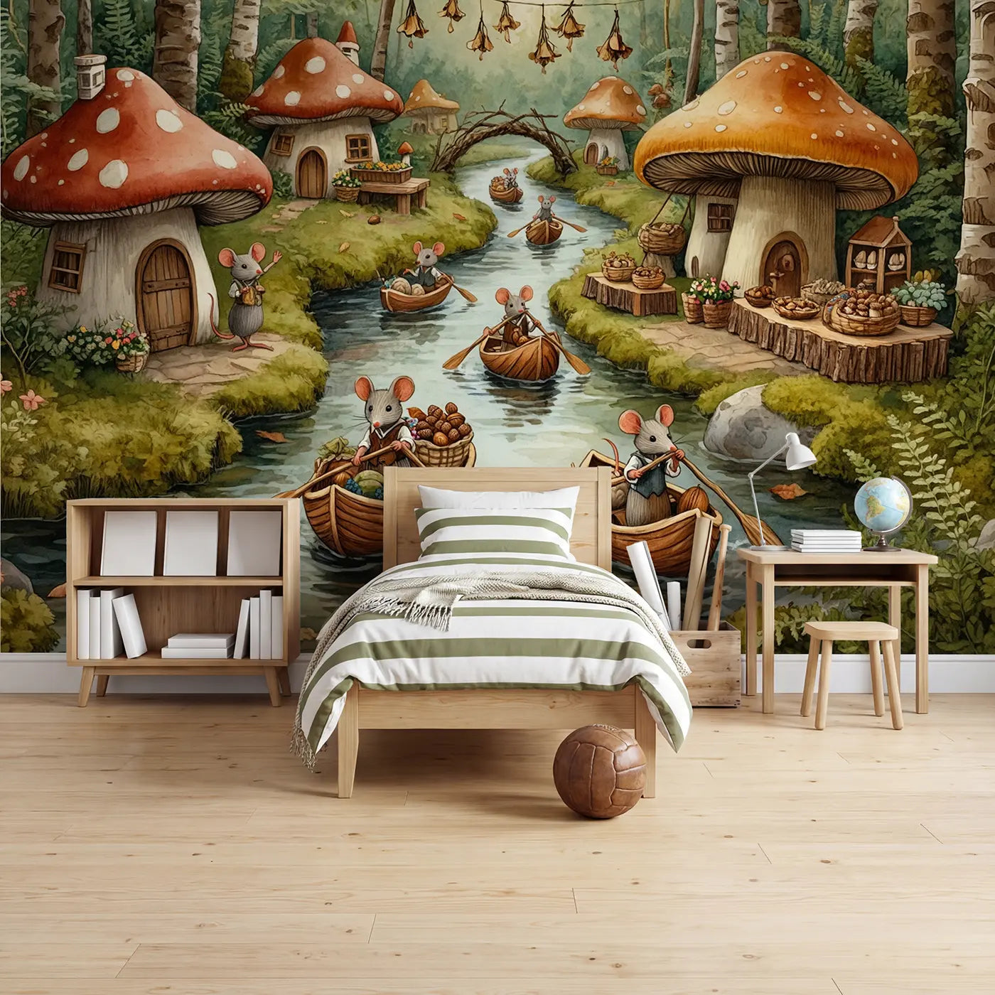 Storybook mouse walnut boat village wallpaper mural for boys room by Whimsy Tots