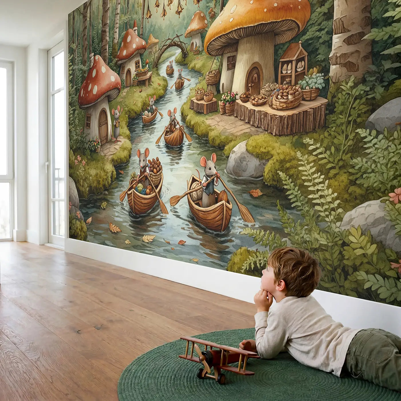 Child in nursery with Mouse Walnut Boat Village Wallpaper Mural by Whimsy Tots
