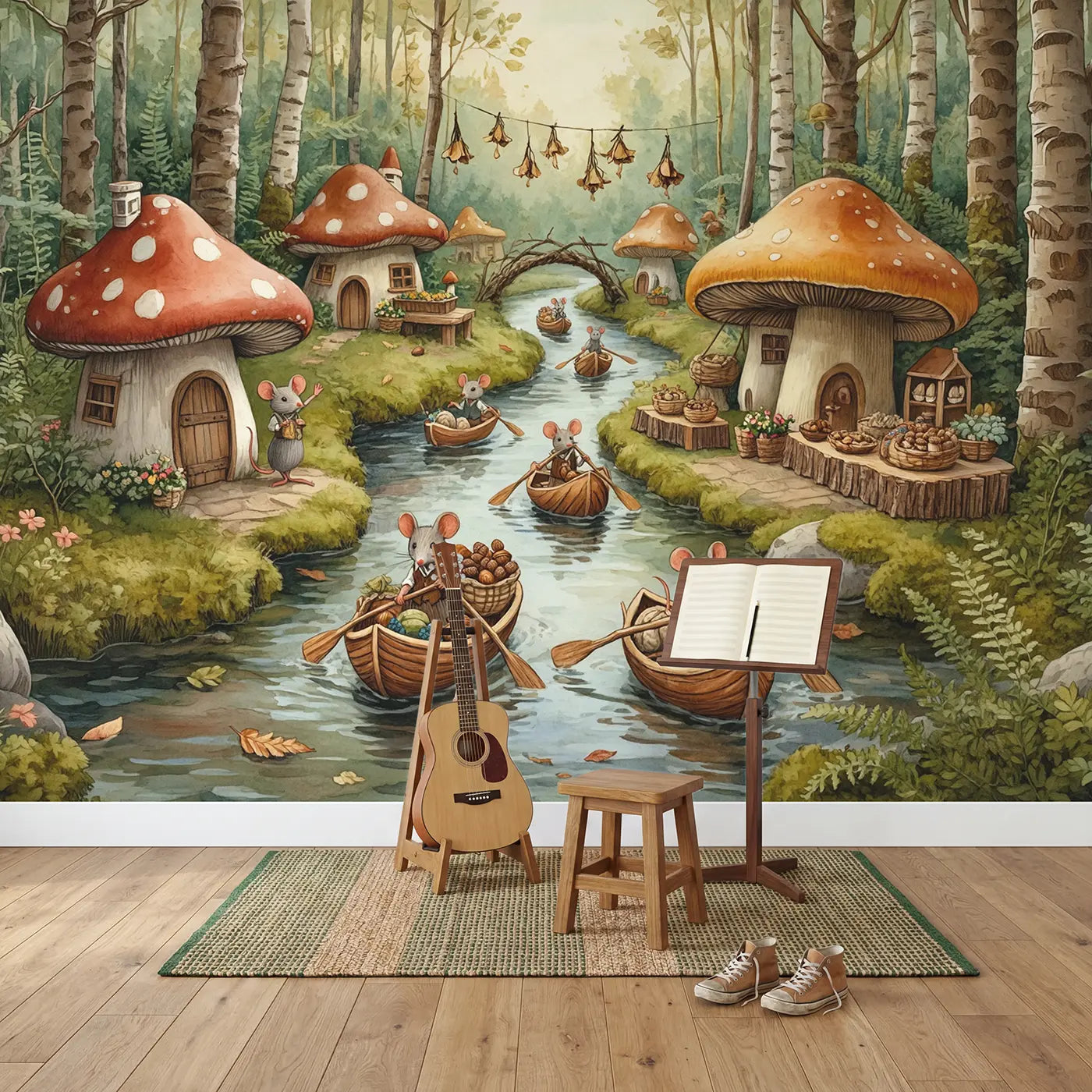 Mouse Walnut Boat Village Wallpaper Mural in playroom setting by Whimsy Tots
