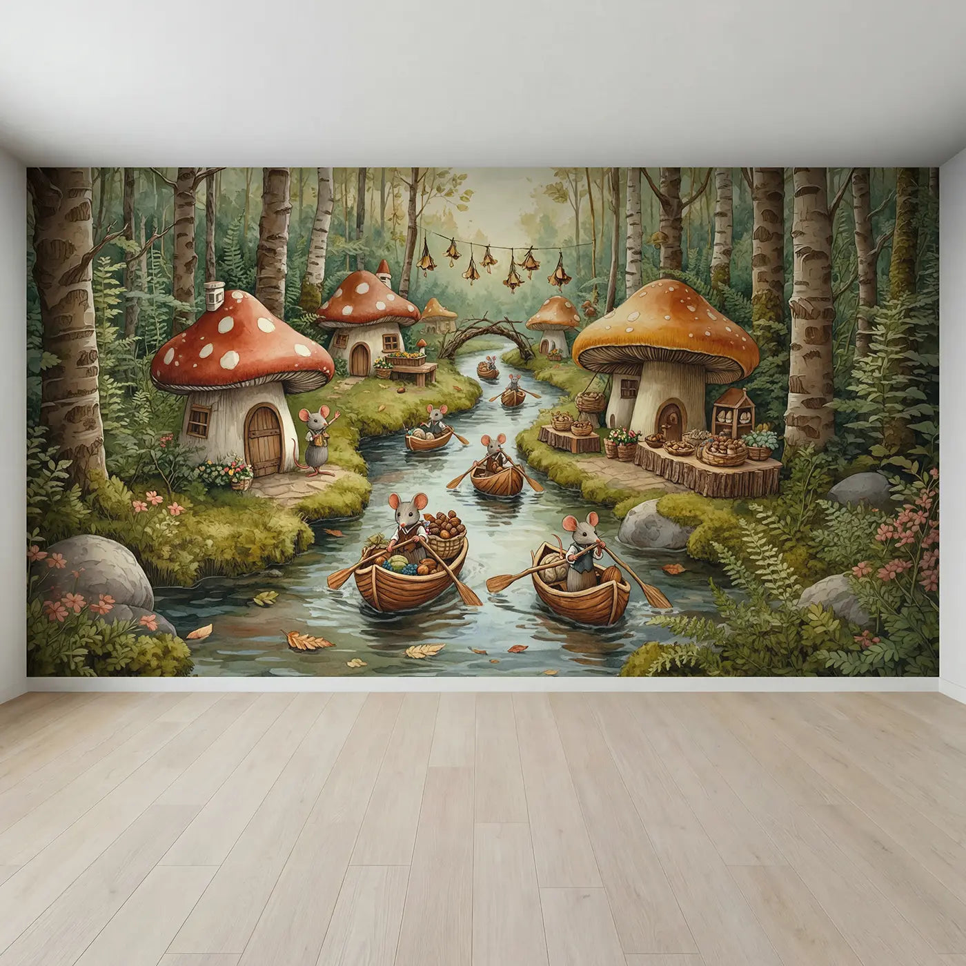 Full view of Mouse Walnut Boat Village Wallpaper Mural by Whimsy Tots
