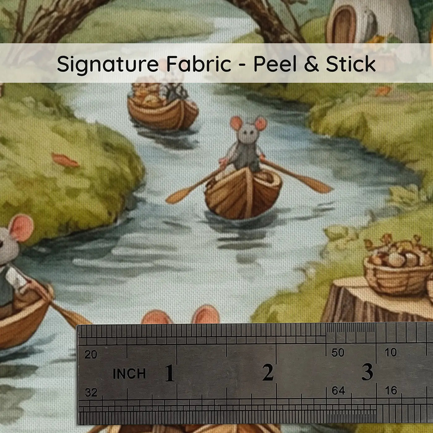 Fabric texture close-up of Mouse Walnut Boat Village Wallpaper Mural by Whimsy Tots