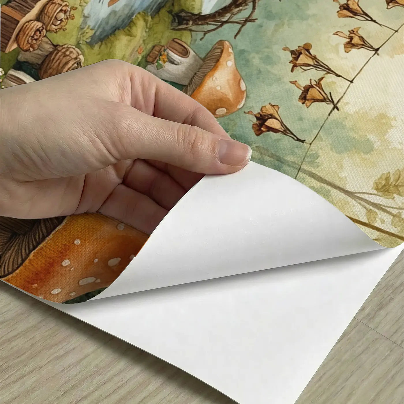 Peel-and-stick detail of Mouse Walnut Boat Village Wallpaper Mural by Whimsy Tots