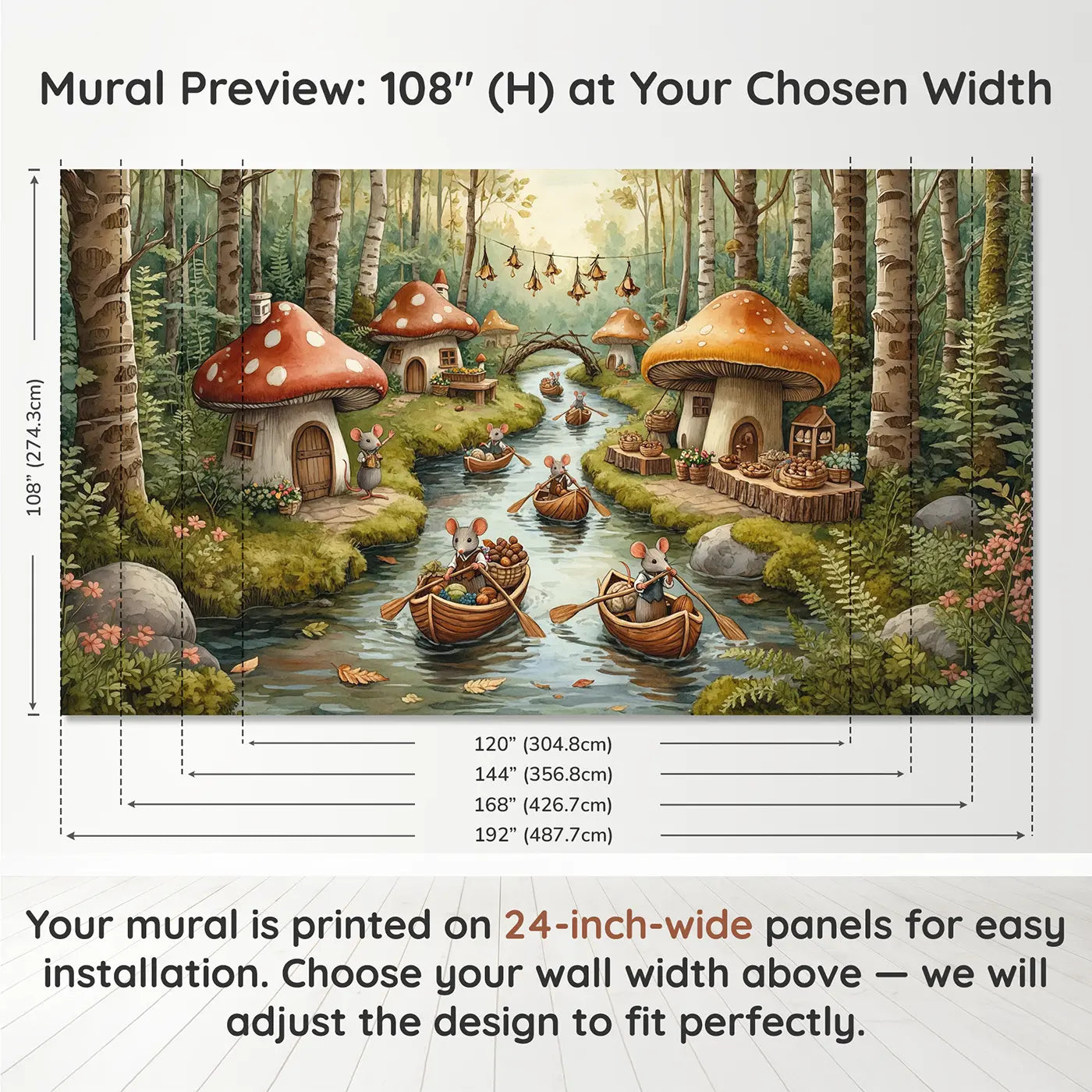 Panel layout and dimensions for Mouse Walnut Boat Village Wallpaper Mural by Whimsy Tots