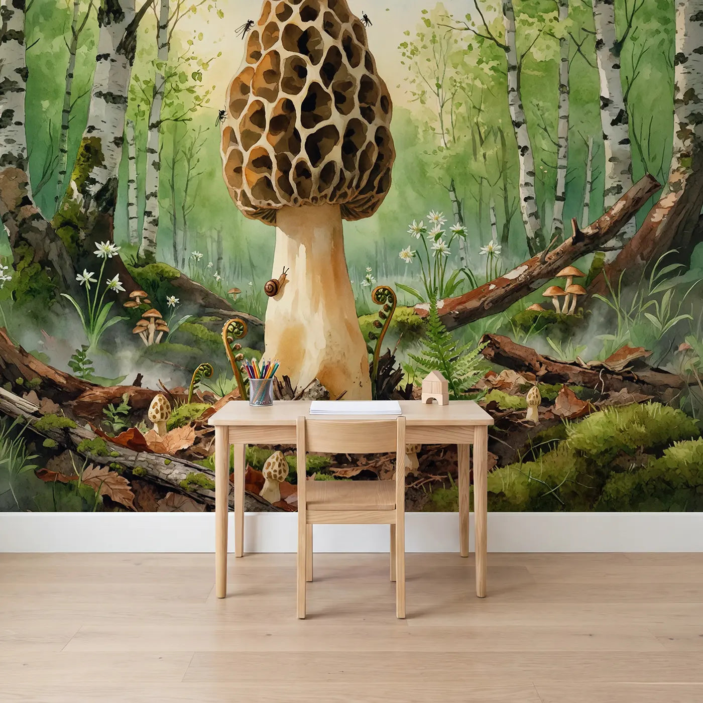 Watercolor giant morel mushroom spring forest wallpaper mural for kids room by Whimsy Tots