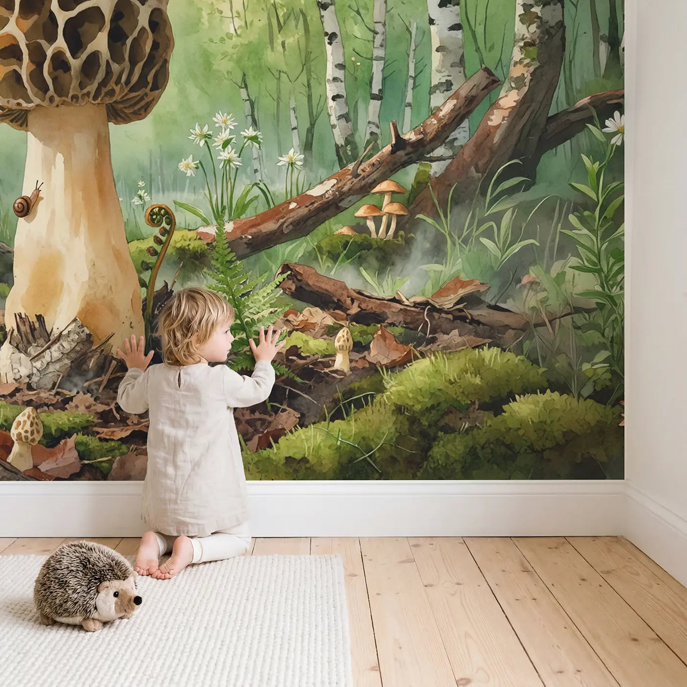 Child in nursery with Giant Morel Mushroom Spring Forest Wallpaper Mural by Whimsy Tots