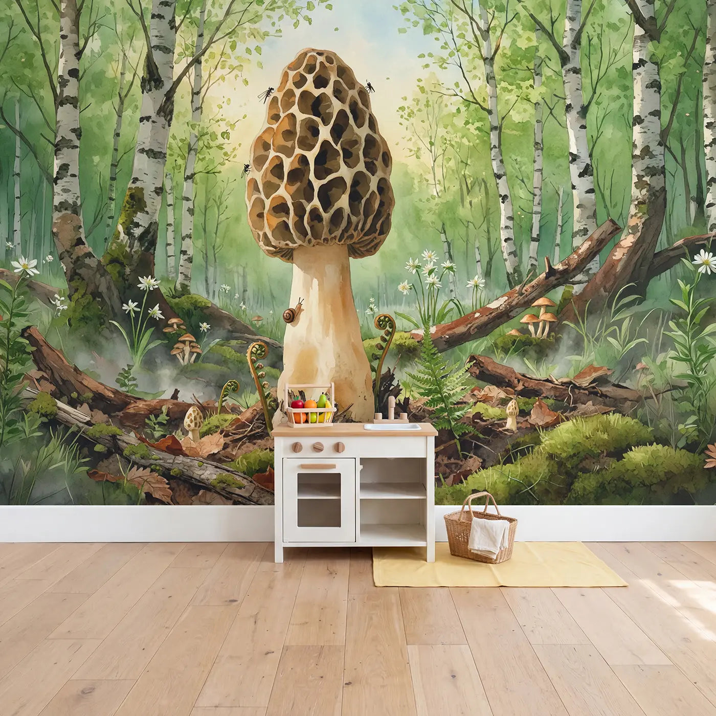 Giant Morel Mushroom Spring Forest Wallpaper Mural in playroom setting by Whimsy Tots