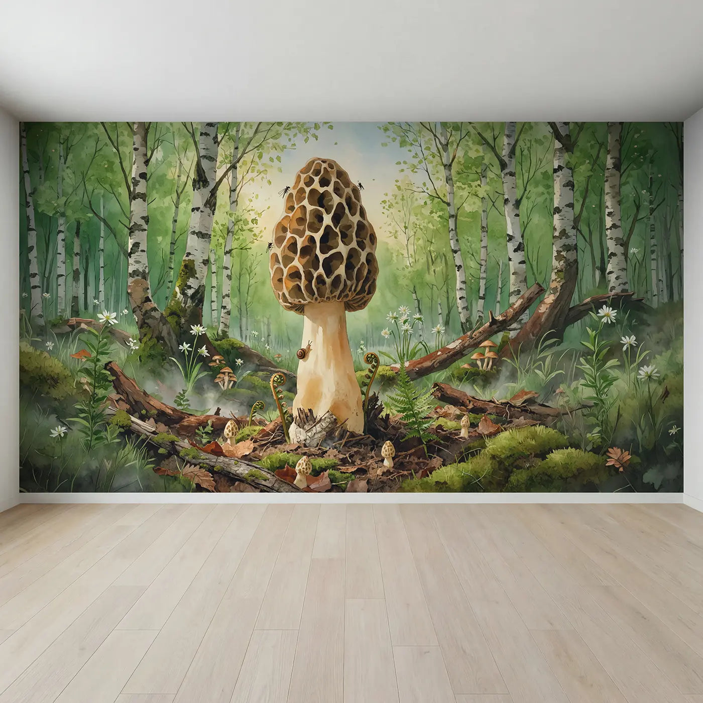 Full view of Giant Morel Mushroom Spring Forest Wallpaper Mural by Whimsy Tots