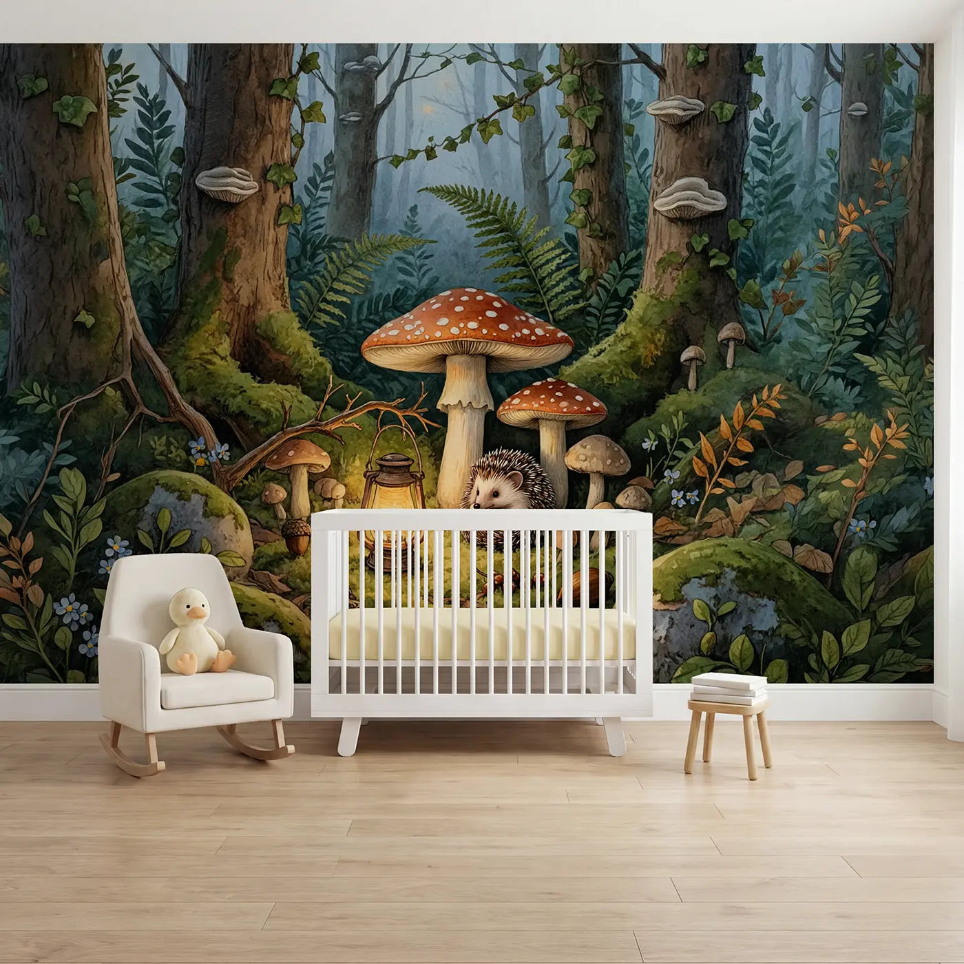 Storybook hedgehog mushroom nook wallpaper mural for nursery by Whimsy Tots